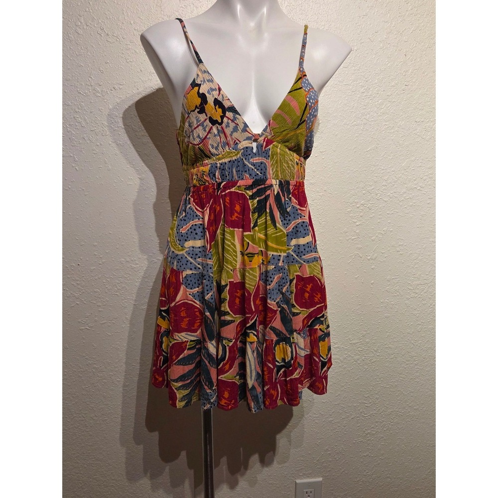 Angie Tropical Floral Polka Dot Tiered Mini Dress V-Neck Tie Back Multi-Color L
